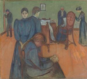  "Death in the Sickroom" by Edvard Munch, a painting depicting a solemn scene of mourning with figures in various postures of grief. The room has green walls, a rusty orange floor, and the