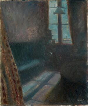 "Night in Saint-Cloud" by Edvard Munch is an oil on canvas painting that features a nighttime view through an open window from a darkened interior room. The painting is dominated by deep blues, greens, and earth tones, with a tall structure rising against the night sky, conveying a sense of solitude and peaceful introspection.
