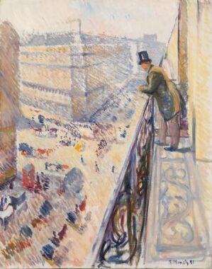  Oil on canvas painting by Edvard Munch depicting a figure in a dark green coat and black hat standing on a balcony overlooking a busy street scene with indistinct, colorful figures and pale yellow buildings. The atmosphere is impressionistic, with an expressive portrayal of light and movement.