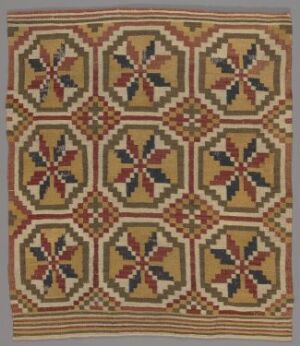  A traditional woven textile featuring a symmetrical pattern with three rows and three columns of eight-pointed stars in burgundy, navy blue, forest green, and black, outlined in beige on a light tan background with a checkerboard pattern.