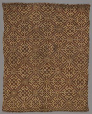  An untitled image of a rectangular, possibly textile, object with a repeating, intricate, geometric pattern in shades of faded brown, suggesting an antique aesthetic. The artist's name is unknown.