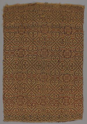  A detailed, monochromatic, brown textile or artwork featuring an intricate, geometric interlocking heart-like pattern with lighter brown contours against a darker brown backdrop, reminiscent of a historical or tribal design.