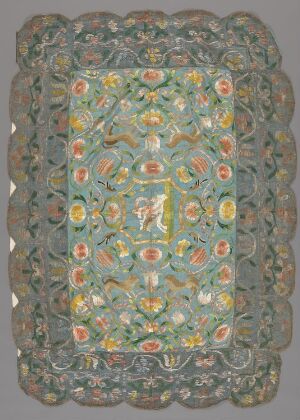  An ornate artwork with symmetrical floral patterns in soft pastel colors including greens, oranges, yellows, blues, and pinks, on a light grey or off-white background with a densely patterned border.