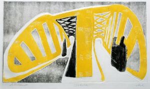  "Elbbrücke I" by Rolf Nesch, an abstract fine art print on paper, featuring bold yellow geometric shapes resembling a bridge with vertical openings on a textured grayscale background, alongside a solid black silhouette of a ship or barge.