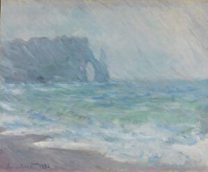  "Étretat in the Rain," by Claude Monet, a painting depicting the cliffs of Étretat under a gray, rain-laden sky with muted tones of blue, green, and gray on the sea. Monet's red signature is at the bottom left.