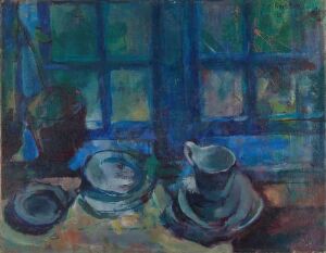  "The Blue Kitchen" by Ludvig Karsten is an expressionistic oil painting on canvas featuring kitchen items like plates and jugs on a surface, all rendered in shades of blue, with a muted blue window in the background suggesting a calm, cool atmosphere.