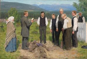 
 "Peasant Burial" by Erik Werenskiold, a painting on canvas showing a group of people at a funeral beside an open grave in a rural