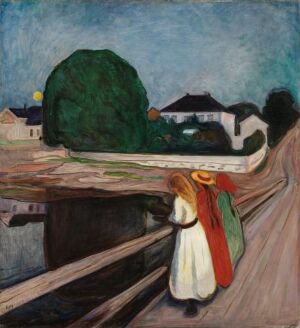  An Edvard Munch oil painting on canvas, showcasing a woman in a white dress and a red shawl looking away into the distance, standing before a green tree and wooden bridge, with white cottages against a blue twilight sky.