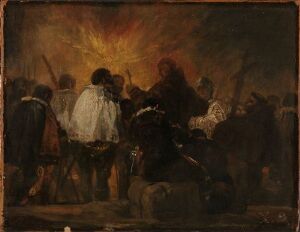  "Night Scene from the Inquisition" by Francisco de Goya depicts a dramatic, somber scene with a group of figures illuminated by a central, unseen light source. The painting has a dark, earthy palette and employs chiaroscuro for emotional impact, capturing a moment during the historical Inquisition.