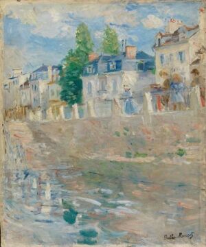  "On the Banks of the Seine at Bougival" by Berthe Morisot, an impressionist painting showcasing the Seine River with dappled blue and green water in the foreground, cream-colored buildings on the riverbank in the middle, and a pale blue sky with white clouds above.