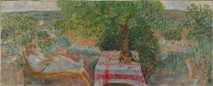  "Woman in a Landscape" by Pierre Bonnard, an impressionistic oil painting on canvas depicting a translucent woman seated in a garden chair on the left, with a large tree center, a red and white striped table in the foreground, and a soft, blended landscape of greens, yellows, and blues in the background.