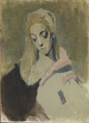  "My Worldly Madonna" by Helene Schjerfbeck, an oil on canvas painting depicting a serene, abstracted female figure with pale skin and simplified features against a muted olive and grey background. The woman's attire includes hints of pink and white, and the artwork conveys a contemplative mood with expressive brushwork.