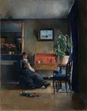  "Blue Interior" by Harriet Backer, an oil on canvas painting, depicting a serene room with bluish-gray walls, a woman in dark clothing seated on the floor, a bright red cloth on a wooden chest, a small painting on the wall and a lush potted plant, conveying a sense of calm domesticity.