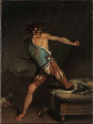  An oil painting on canvas by Nicolai Abildgaard featuring a dynamic scene with a humanoid figure in motion, wearing a bright turquoise tunic with red accents, and fur-like brown garments on the lower half. The figure has an intense and somewhat feral expression set against a dark, indistinct background, hinting at a dramatic narrative.