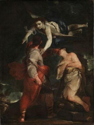  "The Sacrifice of Abraham" by Giuseppe Maria Crespi, an oil on canvas painting depicting the biblical story of Abraham attempting to sacrifice his son Isaac, while an angel intervenes. The work is characterized by dramatic lighting and a rich color scheme with deep reds and earthy tones.