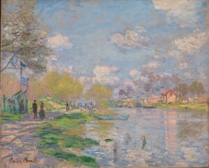  "Springtime on the Ile de La Grande Jatte," an impressionist painting by Claude Monet, depicting a tranquil riverside landscape with a reflective river, softly clouded sky, blooming trees, and strolling figures, all conveyed through dappled brushstrokes of greens, blues, pinks, and whites.