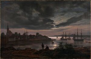  "Larvik by Moonlight" by Johan Christian Dahl, a painting on canvas depicting a moonlit harbor scene with dark silhouettes of ships and buildings, including a church spire, and two figures standing by a small fire on the shore. The sky is a gradient of blues and grays with clouds softly reflecting the moon's light.