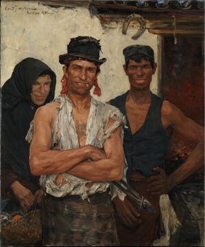  "Spanish Blacksmiths" by Ernst Josephson, depicting three individuals, a shirtless blacksmith in the center with folded arms and a cap, a woman to his left in a dark headscarf, and a smiling male blacksmith to his right, all portrayed in a dimly lit setting with earthy color tones.