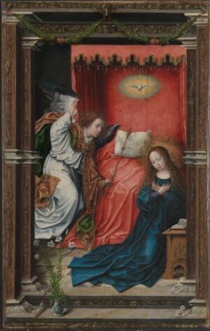  "The Annunciation" by Bernard van Orley is an oil painting on wood panel depicting the angel Gabriel, in white and green robes, announcing to the Virgin Mary, in a red and blue robe, the news of the birth of Jesus, with a representation of the Holy Spirit as a dove shining above Mary in a room with a red curtain. The scene is framed by gothic architectural elements.