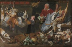  Oil painting by Frans Snyders featuring a baroque scene with a variety of game animals in the foreground, including birds and a hunting dog, while two human figures observe in the background. The color palette is rich with earthy tones and a striking red hat worn by the elder man.