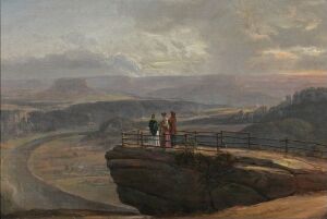  Landscape painting by Johan Christian Dahl, featuring a panoramic view of a valley with a river, under a soft-lit sky at dawn or dusk. Three individuals are depicted on a rocky promontory in the foreground, overlooking the natural scenery below. The artwork showcases a romantic and atmospheric use of color and light.