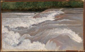  A painting by Camille Corot featuring turbulent river rapids in shades of white set against tranquil greenery on the river banks, capturing the contrast between the dynamic movement of water and the stillness of the surrounding nature, executed in oil on paper mounted on canvas.