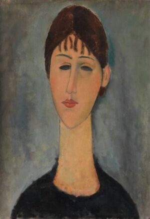  "Portrait of a Person by Amedeo Modigliani, oil on canvas. An expressionistic painting depicting a person with an elongated face, dark bobbed hair with straight fringe, and minimal facial detailing, set against a muted blue-gray background."