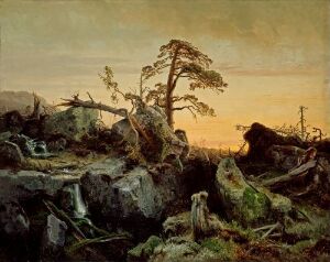  "Dying Primeval Forest" by August Cappelen, an oil painting on canvas depicting a solemn landscape scene with a lone, resilient tree amidst a backdrop of fallen logs and rocks, under a softly glowing sky suggesting either dawn or dusk.