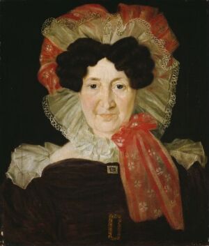 "Portrait of Mrs. Ingeborg Møinichen, née Røring" by Matthias Stoltenberg, an oil painting featuring a woman with pale complexion and rosy