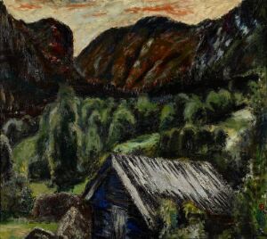  "Night in Telemark," an oil on canvas by Henrik Sørensen, featuring a dark wooden cabin surrounded by dense green foliage set against a backdrop of formidable mountains under a twilight sky with hints of sunset hues.