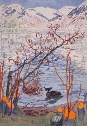  "Bird on a Stone" by Nikolai Astrup, a hand-colored woodcut print featuring a silhouette of a bird perched on a stone in a calm body of water. The foreground has bright orange fruit or blooms with reddish twigs, while the background shows muted blue and gray mountains reflected in the water under a light blue twilight sky.