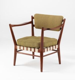  A mid-century modern armchair designed by Adolf Relling with Sapelli wood frame in reddish-brown tones and olive-green wool upholstered seat and backrest, complemented by cream and reddish-brown herringbone-patterned linen twill tape webbing on the seat frame.