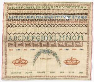  An aged square-shaped hand-stitched sampler from 1820, featuring three rows of alphabets in the top half and decorative borders with a central green floral motif and two red crowns in the lower half, with the text