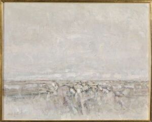  "Strand" by Ole-Gabriel Dahl, an impressionistic painting with a light gray overcast sky above a hinted muted gray horizon, and an abstract beachscape in soft grays and off-whites, all encased in a gold-colored frame.