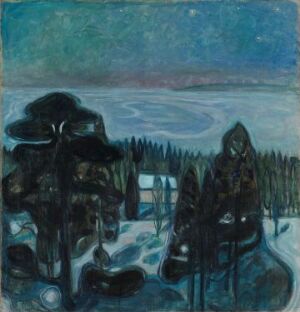  "Twilight Winter Landscape" by Edvard Munch, a serene painting featuring a twilight sky in shades from navy to light blue over an icy blue lake, surrounded by abstract dark green and black snowy pine trees that capture the essence of winter's quiet solitude.