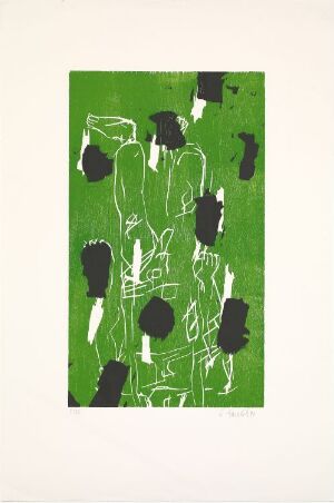  "Torso III" by Georg Baselitz, a color woodcut on paper featuring a lively green background with abstract black shapes and marks that suggest fragments of a human torso amidst dynamic, organic silhouettes.