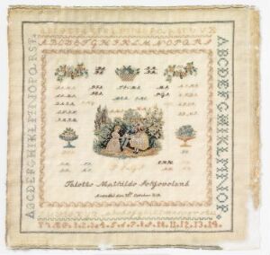  An aged textile embroidery sampler featuring two alphabets at the top, a central pastoral scene with two children figures, a floral and tree motif on each side, and the stitched name "Hester . Mathilda . Heyland" with the year "Född 1832" at the bottom, all surrounded by a decorative border and presented on a warm, aged-white fabric background.