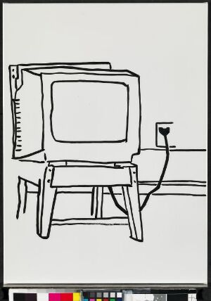  Minimalist black line drawing by Dag Erik Elgin on a white canvas, depicting a vintage-style television or computer monitor on a table, with a disconnected power cable, and a small color chart included at the bottom of the canvas.