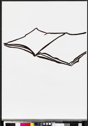  A painting by Dag Erik Elgin on canvas shows a simple black line drawing of an open book against a stark white background, with a line of color test patches at the bottom, representing the artist's minimalist interpretation of a universally recognizable object.