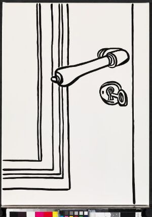 
 A minimalistic black and white painting by Dag Erik Elgin featuring a stylized door handle and keyhole on a white canvas, with a color calibration bar at the bottom.