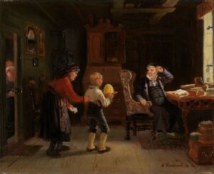  "The Bridal Party Arrives" by Adolph Tidemand, an oil on canvas painting depicting a traditional 19th century Norwegian interior. A young boy in red boots stands before an elderly man seated at a wooden table, with two women near the doorway in a warmly lit, rustic wooden room filled with period details.