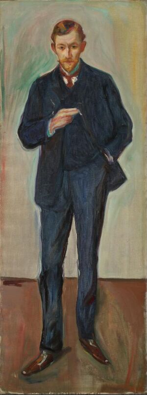  "The Frenchman" by Edvard Munch, an oil on canvas portrait of Marcel Archinard, featuring the subject standing in a tailored dark navy-blue suit with a red emblem on his shirt, against a muted background with shades of greenish-blue and brown.