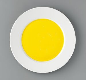  "Monokromer" by Heidi Bjørgan—a porcelain plate with a bright yellow glazed circle at the center, contrasting with the plate's stark white surface, embodying a minimalist and modern design.