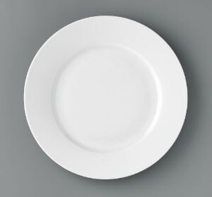  A porcelain plate designed by Heidi Bjørgan titled "Monokromer," featuring a subtle grayish-white glaze. The plate is set against a soft gray background, exhibiting a sleek and minimalist design.