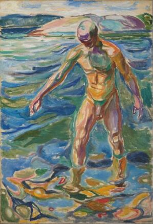  Oil on canvas painting titled "Bathing Man" by Edvard Munch depicting a semi-nude man stepping into a body of water with a vibrant color palette, capturing the reflection of the environment on his skin and the movement of the water in shades of blue and green, set against a serene sky with pastel hues.