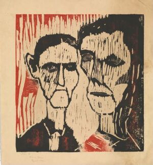  "Ola og Gunvor, Hjartdal" by Johs Rian, a woodcut print on paper showing two stylized figures in black with pronounced features set against a vibrant red and white vertically striated background, evoking a sense of intensity and traditional character.