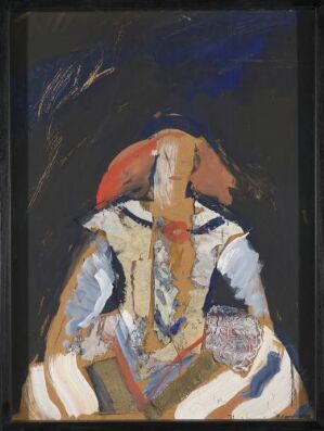  "Etter Velazquez" by Hilde Vemren, an abstract collage on plate depicting a seated figure in historical costume with simplified features, set against a dark navy or black background with textured brush strokes in white, beige, blue, and red.