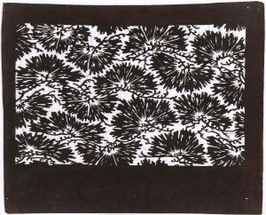  A high-contrast black and white abstract image with an organic pattern reminiscent of stylized foliage or flowers against a solid black background.
