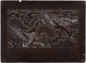  Artwork depicting two white cranes in flight against a dark brown, almost black background, with detailed feathers and subtle patterns suggesting movement and the texture of the sky.