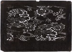  A high-contrast monochromatic image, featuring an elaborate floral pattern with what appear to be roses and smaller flowers etched in white or light grey on a dark black or grey background.